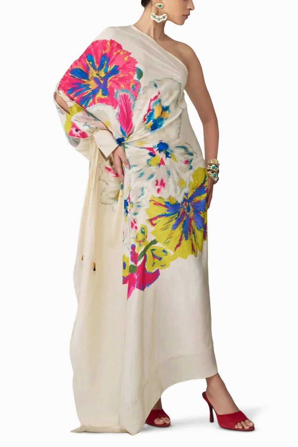 Alana Floral Asymmetric One-Shoulder Kaftan with Side Tie