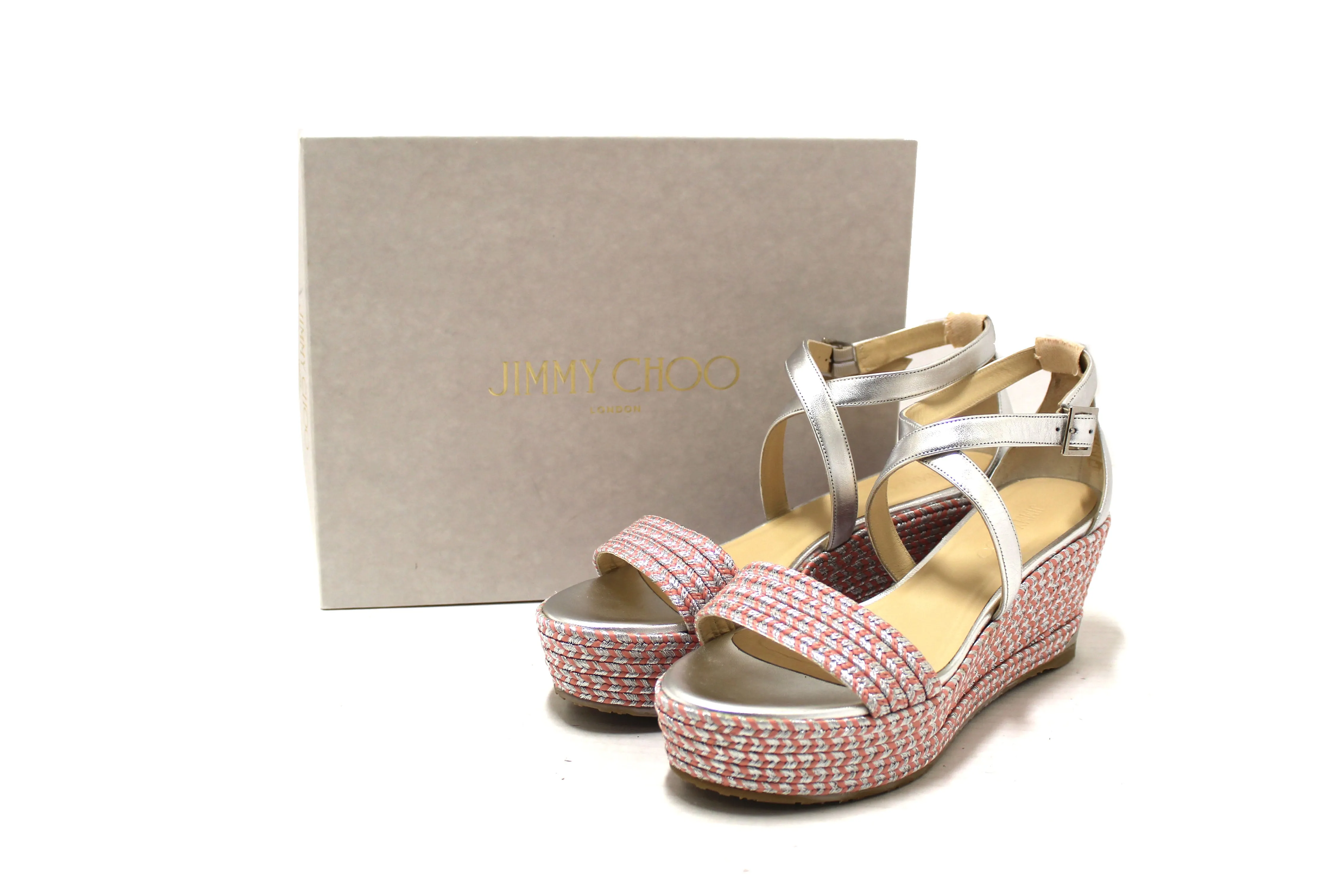 Authentic NEW Jimmy Choo Silver Nappa Leather Espadrille Wedge Sandal 39
