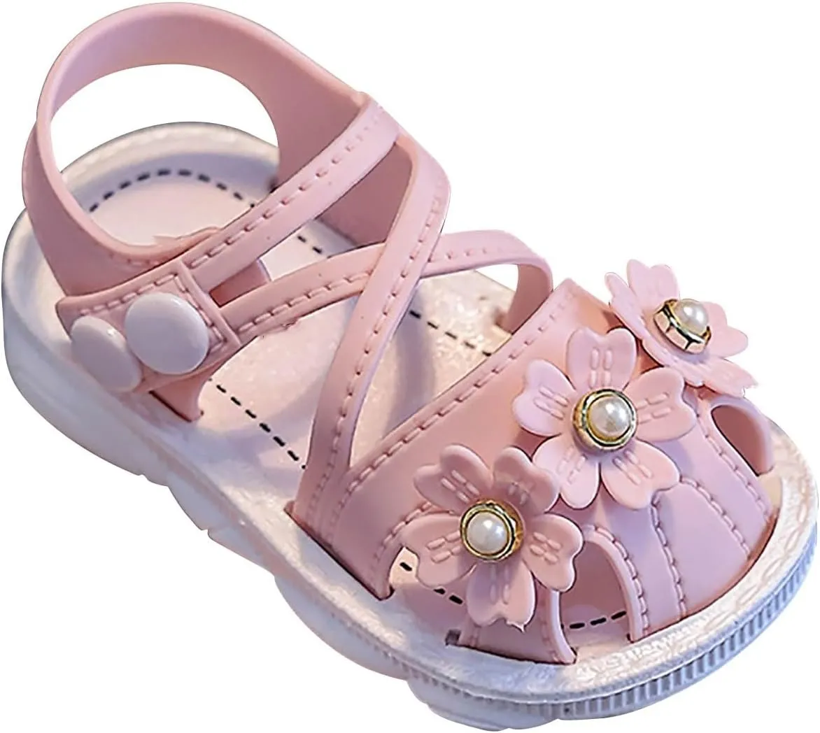 Ballet Shoes Pearl Flowers Wrapped Head Non Slip Soft Bottom Buckle Walking Shoes Sandals Slippers for Toddler Girls