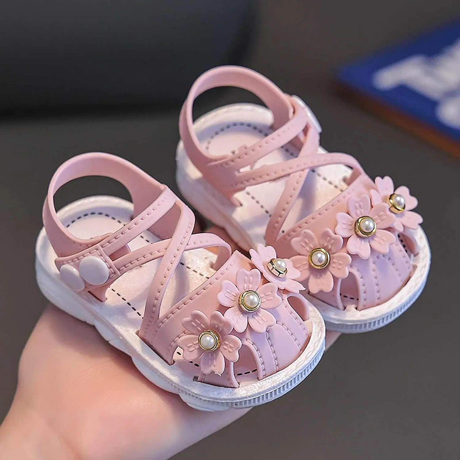 Ballet Shoes Pearl Flowers Wrapped Head Non Slip Soft Bottom Buckle Walking Shoes Sandals Slippers for Toddler Girls