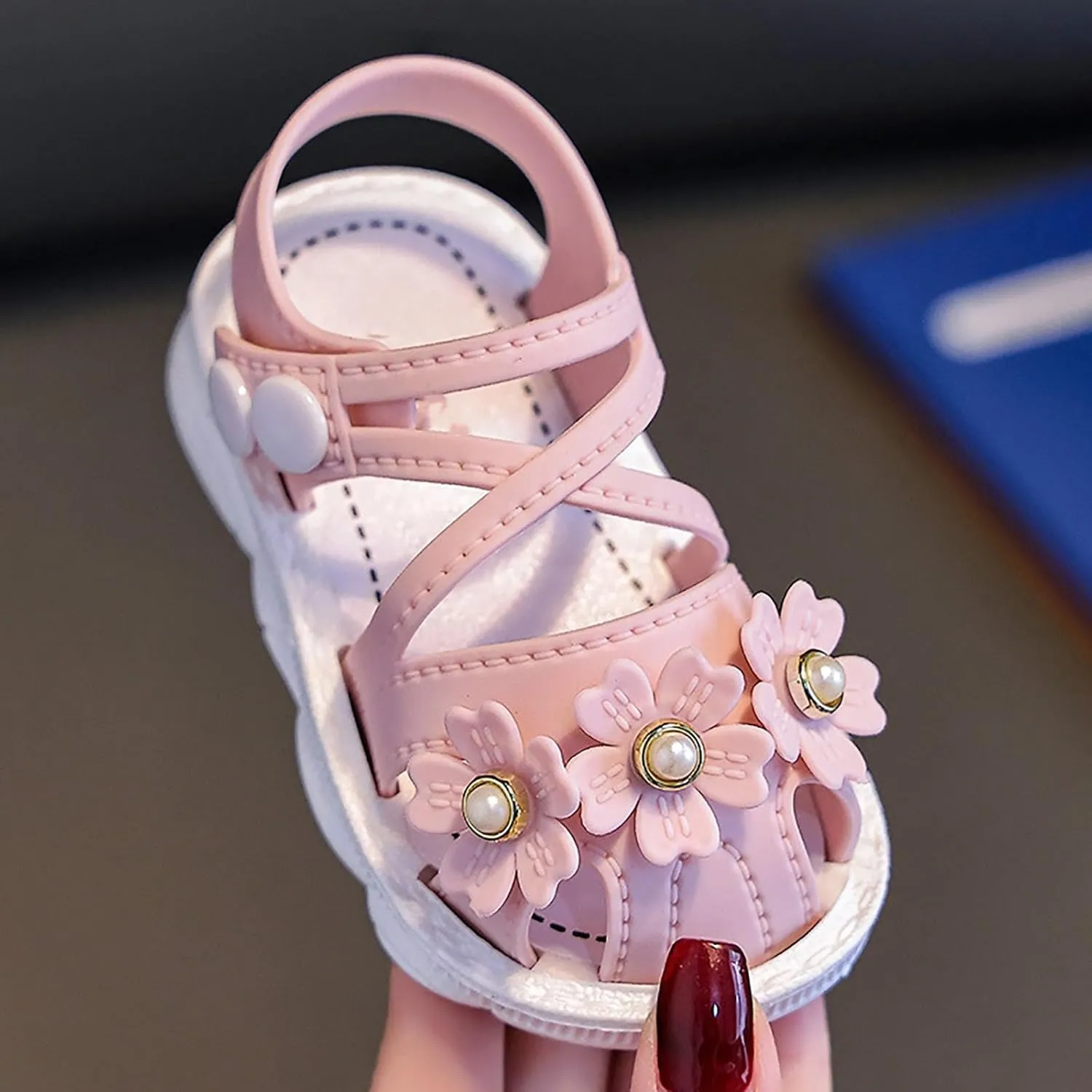 Ballet Shoes Pearl Flowers Wrapped Head Non Slip Soft Bottom Buckle Walking Shoes Sandals Slippers for Toddler Girls