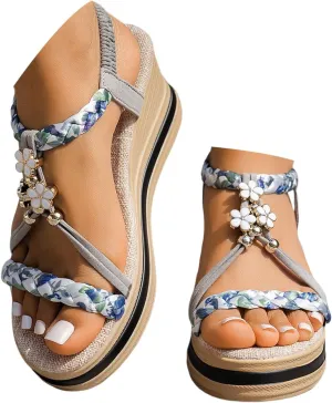 Bohemian Espadrille Wedge Heel Sandals For Women 2025 Open Toe Comfortable Walking Non Slip Casual Summer Beach Sandals Wide Width Elastic Band Rhinestone Espadrille Platform Wedges Shoes
