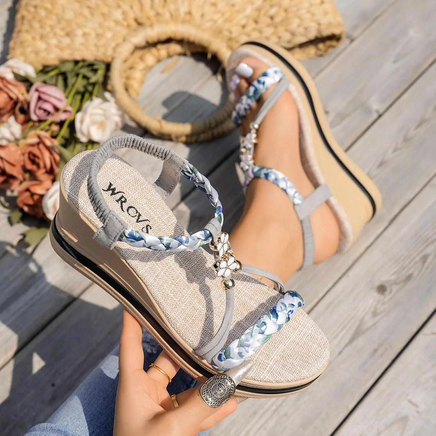 Bohemian Espadrille Wedge Heel Sandals For Women 2025 Open Toe Comfortable Walking Non Slip Casual Summer Beach Sandals Wide Width Elastic Band Rhinestone Espadrille Platform Wedges Shoes