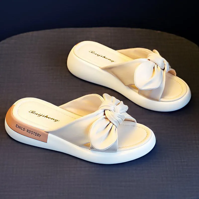 Bowknot Striped Platform Slippers