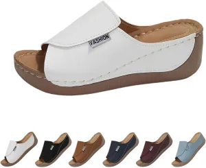 Comfortable Arch Support Slides For Women Women's Solid Color Sandals Breathable Summer Orthotic Leather Platform Wedge Sandals Slip on Womens All Day Walking Casual Sandal
