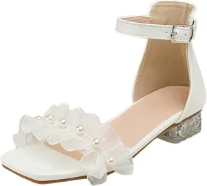 Comfortable Boys Kids Sandals Outdoor Shoes Girls High Heel Sandals Soft Sole Crystal Heel Lace Pearl Korean Version Princess For Middle And Large Children