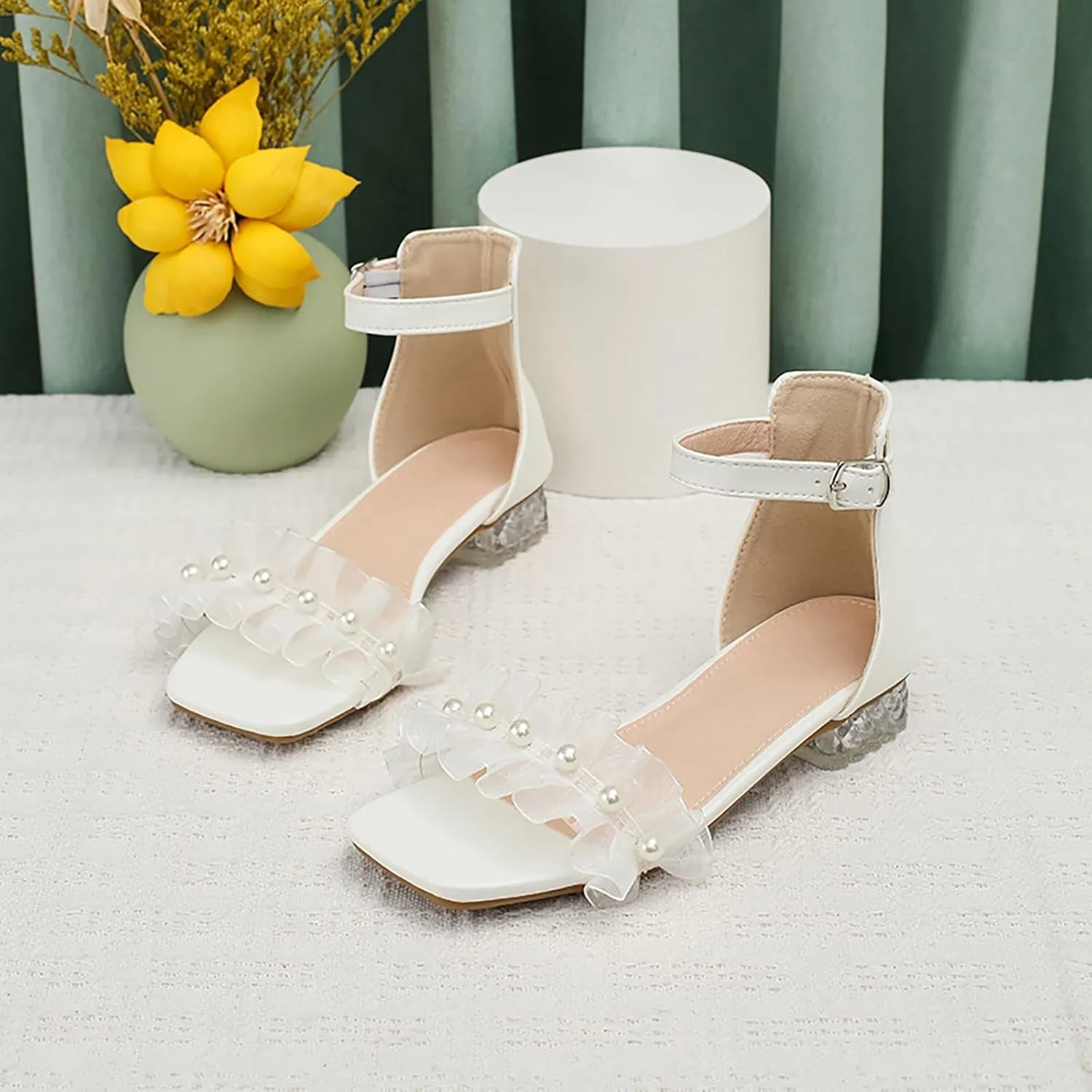 Comfortable Boys Kids Sandals Outdoor Shoes Girls High Heel Sandals Soft Sole Crystal Heel Lace Pearl Korean Version Princess For Middle And Large Children