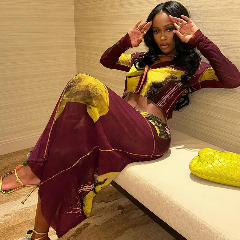 Cropped V-Neck Long Sleeve Two-Piece Skirt Suit