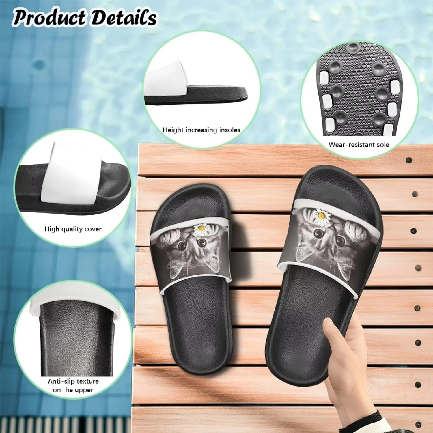 Doojoayie Cute Cat Theme Kids Girls Slide Sandals with Arch Support for Outdoor Play
