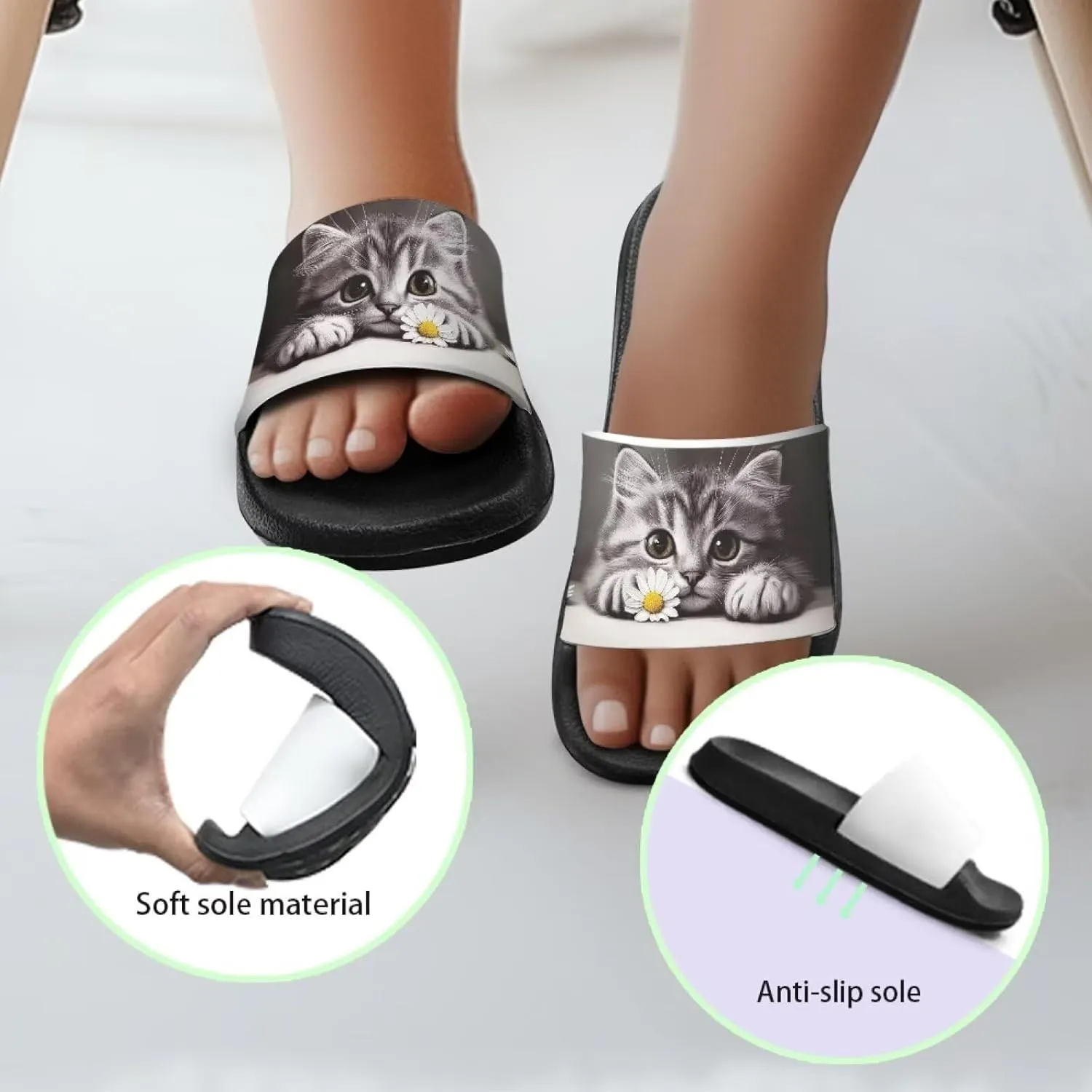Doojoayie Cute Cat Theme Kids Girls Slide Sandals with Arch Support for Outdoor Play