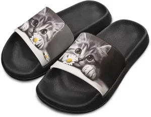 Doojoayie Cute Cat Theme Kids Girls Slide Sandals with Arch Support for Outdoor Play