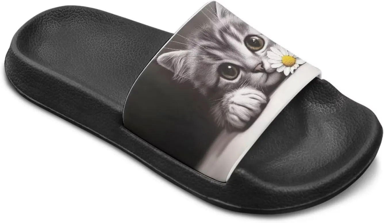 Doojoayie Cute Cat Theme Kids Girls Slide Sandals with Arch Support for Outdoor Play