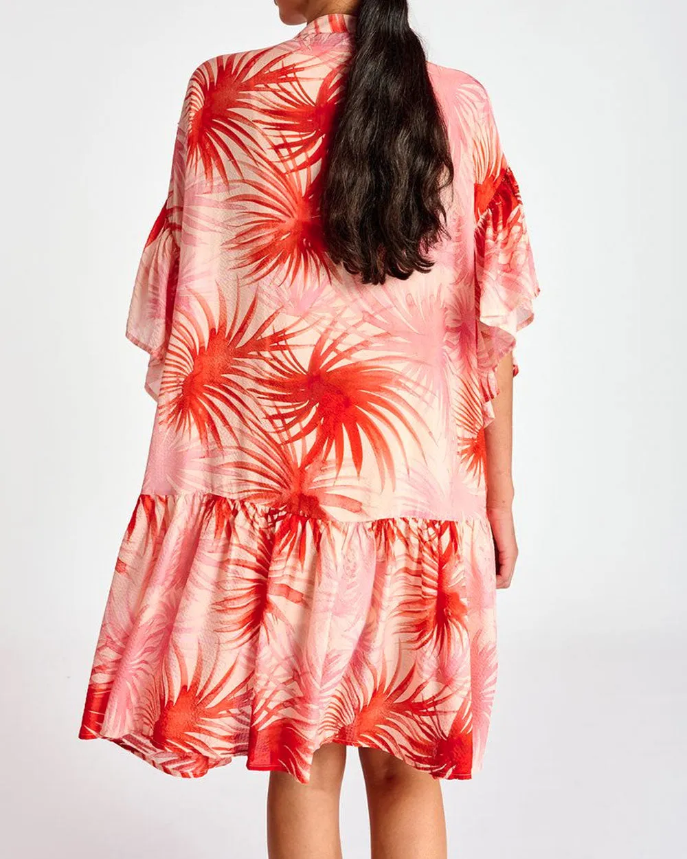 Fire Orange Palm Leaf Print Mini Dress