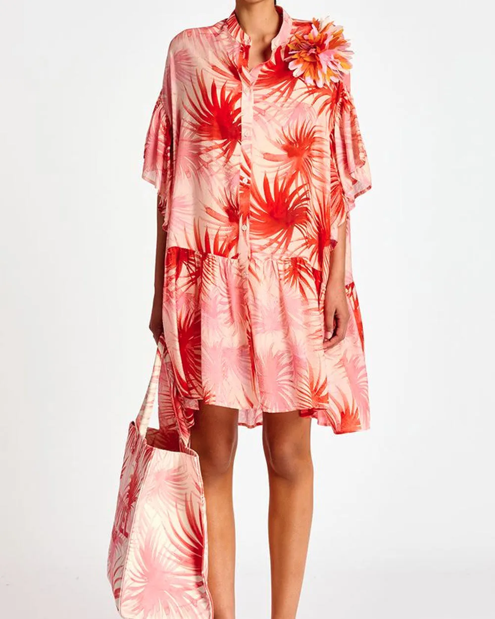 Fire Orange Palm Leaf Print Mini Dress