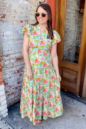 Garden Whisper Floral Print Marigold Midi Dress
