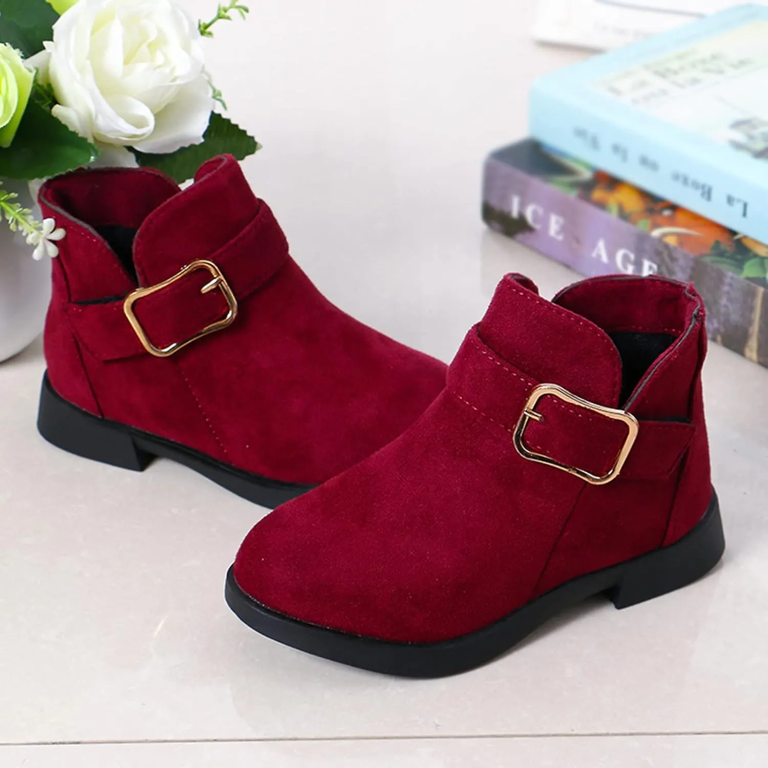 Girl Boots Kids Ankle Boots Warm Side Zipper Boots Low Heel Short Booties Winter Snow Boots Toddler Anti-Slip Shoes