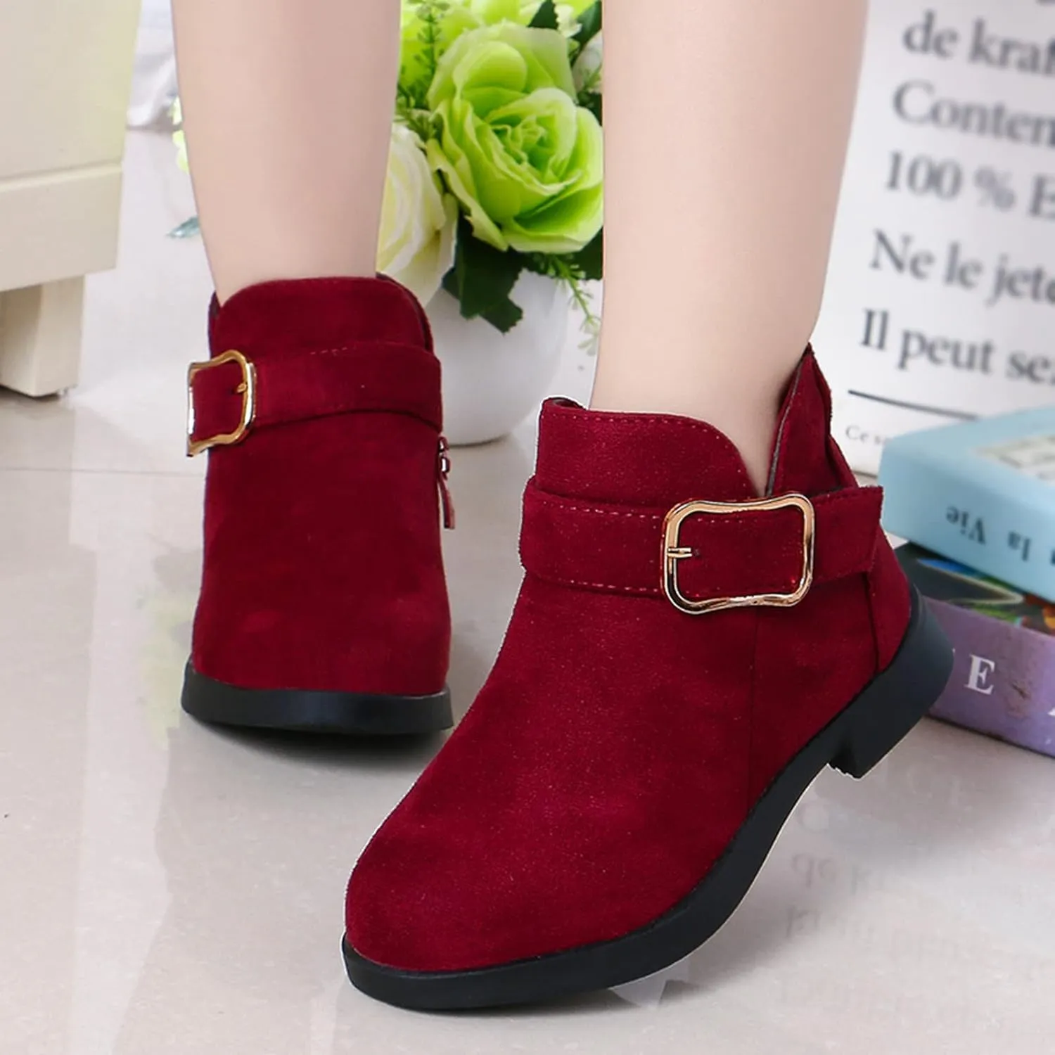 Girl Boots Kids Ankle Boots Warm Side Zipper Boots Low Heel Short Booties Winter Snow Boots Toddler Anti-Slip Shoes