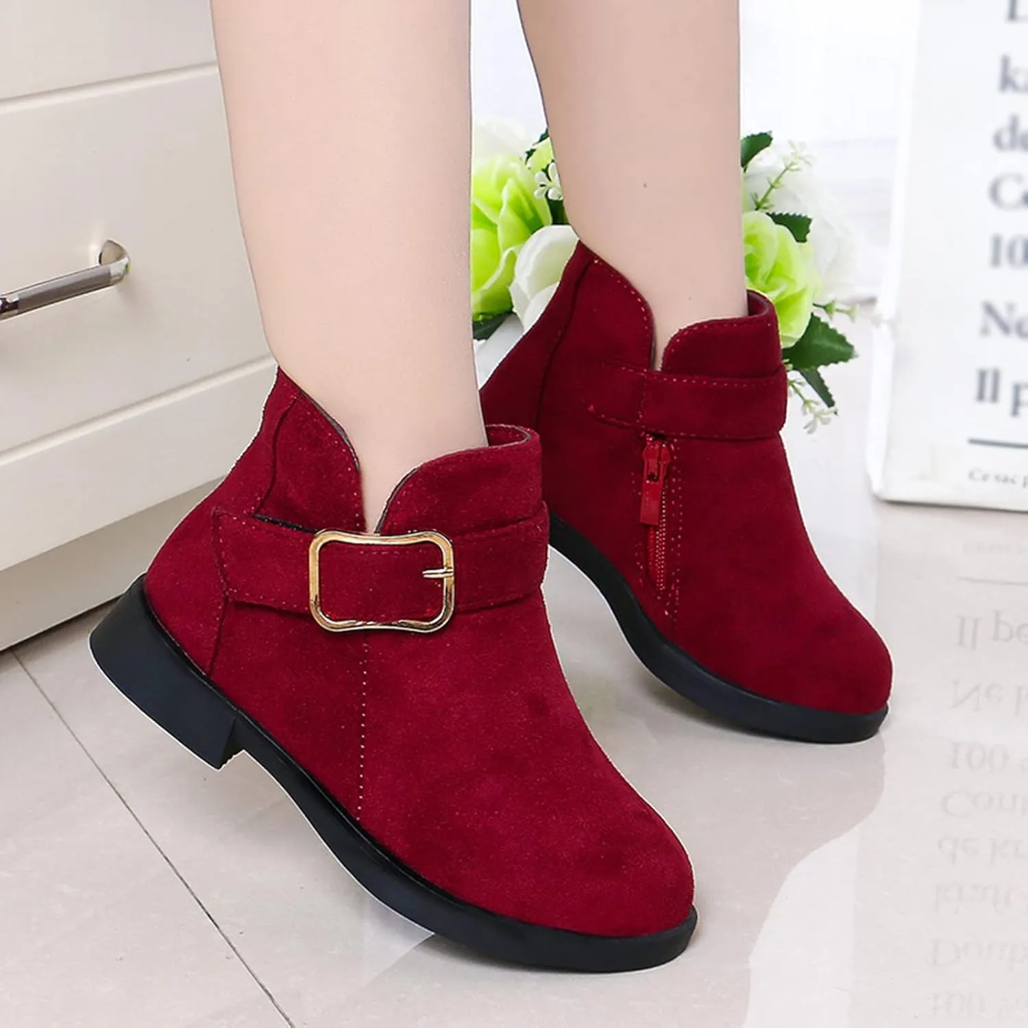Girl Boots Kids Ankle Boots Warm Side Zipper Boots Low Heel Short Booties Winter Snow Boots Toddler Anti-Slip Shoes