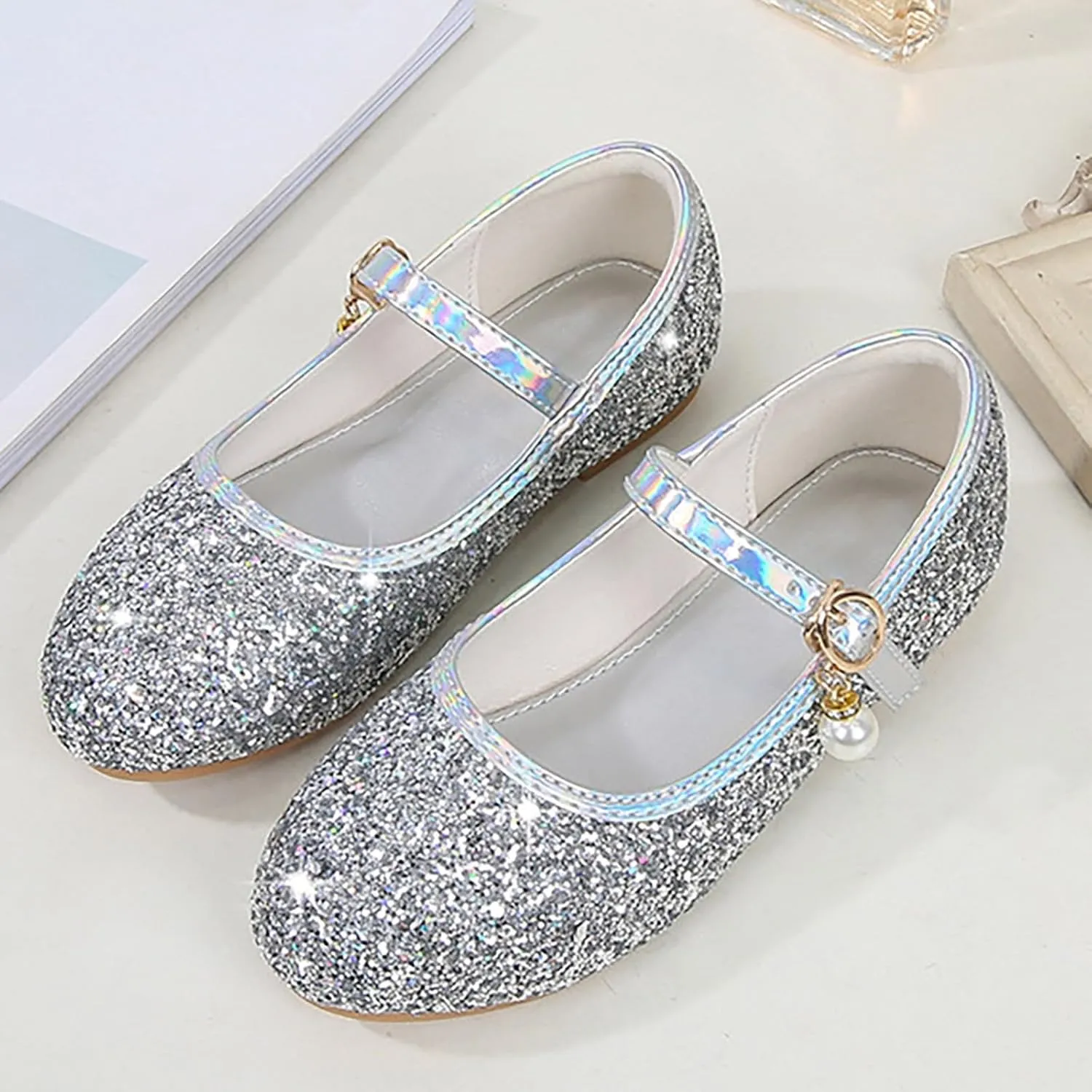 Girls Dress Shoes Glitter Ballet Flats Non-Slip Soft Mary Jane Flower Girl Princess Shoes for School Party Wedding