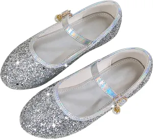 Girls Dress Shoes Glitter Ballet Flats Non-Slip Soft Mary Jane Flower Girl Princess Shoes for School Party Wedding