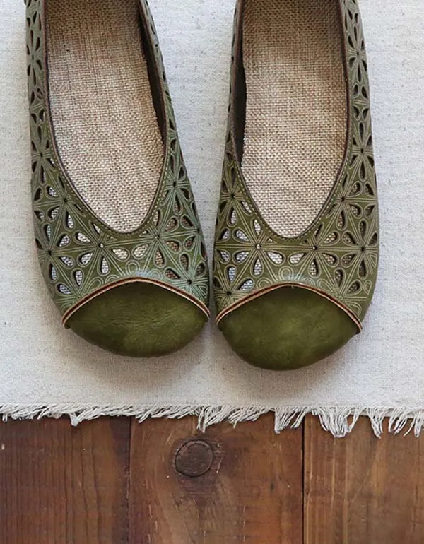 Handmade Soft Leather Hollow Retro Flats