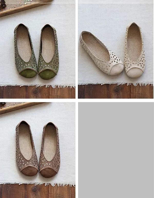 Handmade Soft Leather Hollow Retro Flats