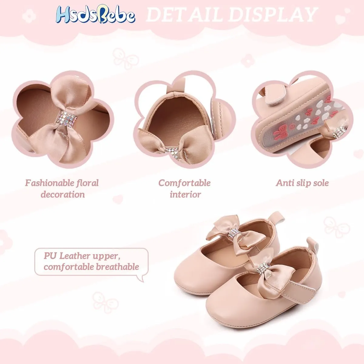 HsdsBebe Infant Baby Girls Mary Jane Flats Bow Non-Slip Soft Sole Princess Toddler First Walkers Sneaker Wedding Dress Shoes