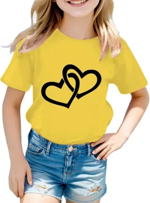 Kids Girls Cute Heart Graphic Print T-Shirts 2025 Trendy Short Sleeve Crewneck Loose Fit Basic Tee Athletic Running Top 1-14Y