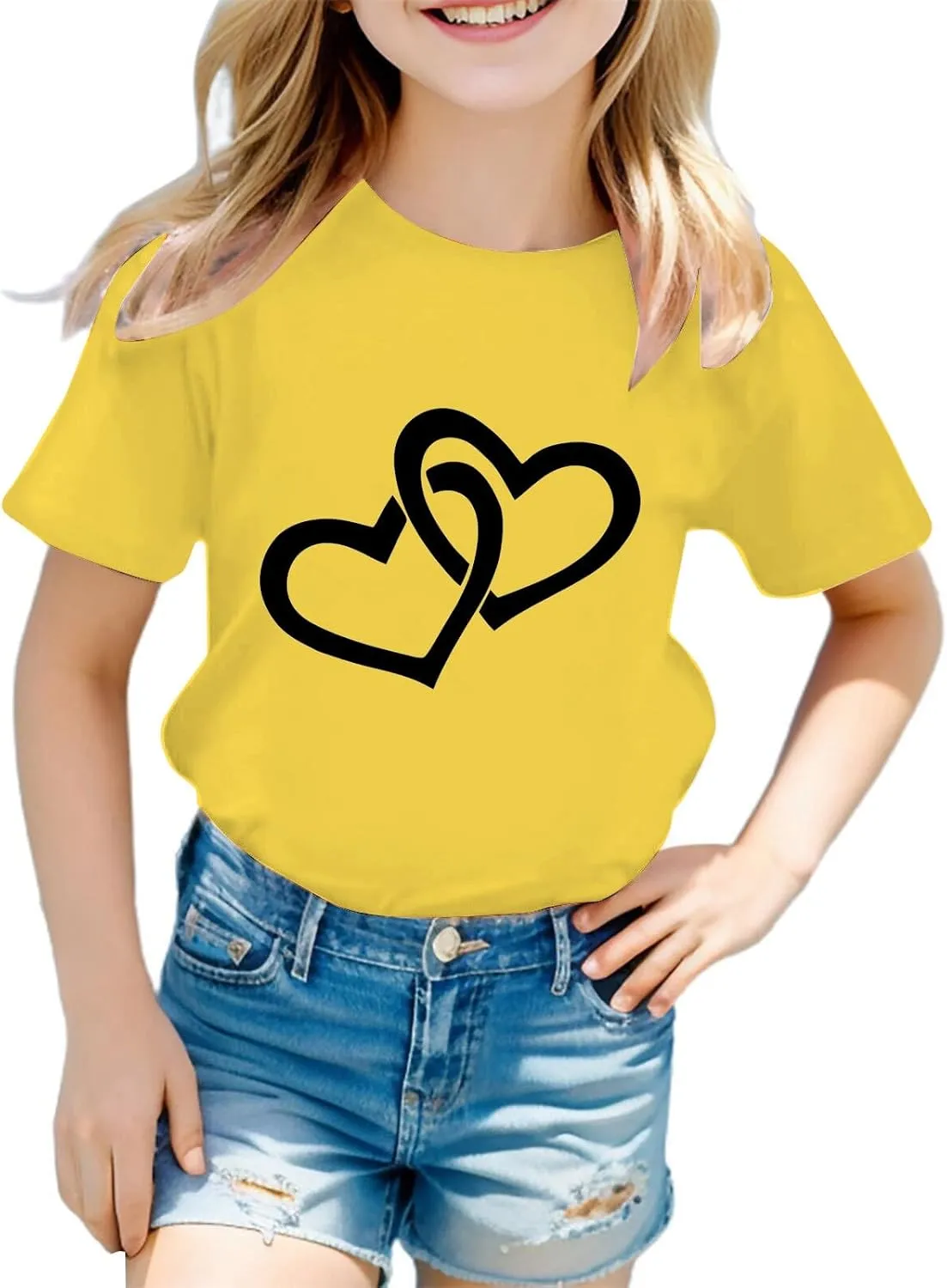 Kids Girls Cute Heart Graphic Print T-Shirts 2025 Trendy Short Sleeve Crewneck Loose Fit Basic Tee Athletic Running Top 1-14Y