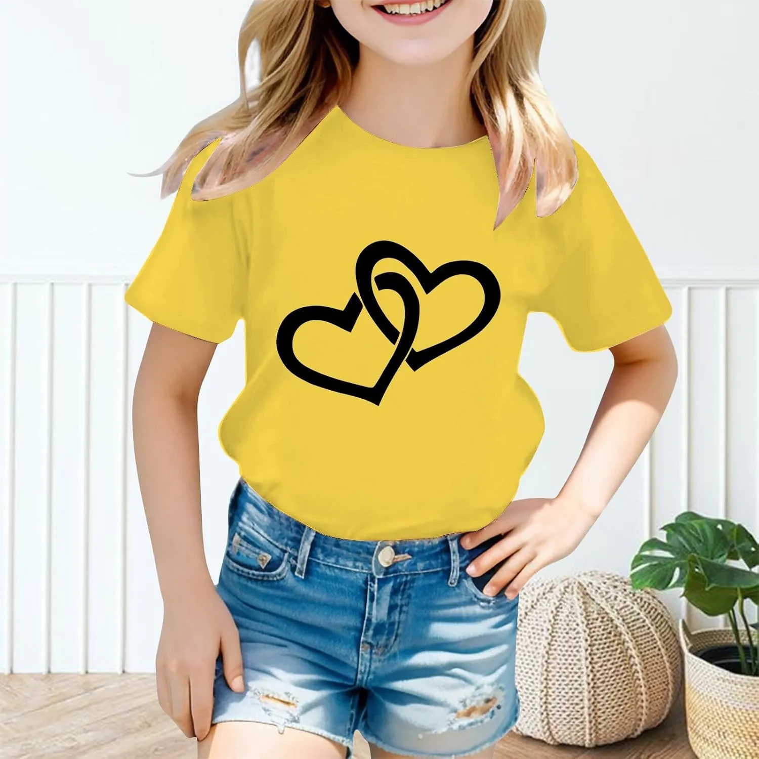 Kids Girls Cute Heart Graphic Print T-Shirts 2025 Trendy Short Sleeve Crewneck Loose Fit Basic Tee Athletic Running Top 1-14Y