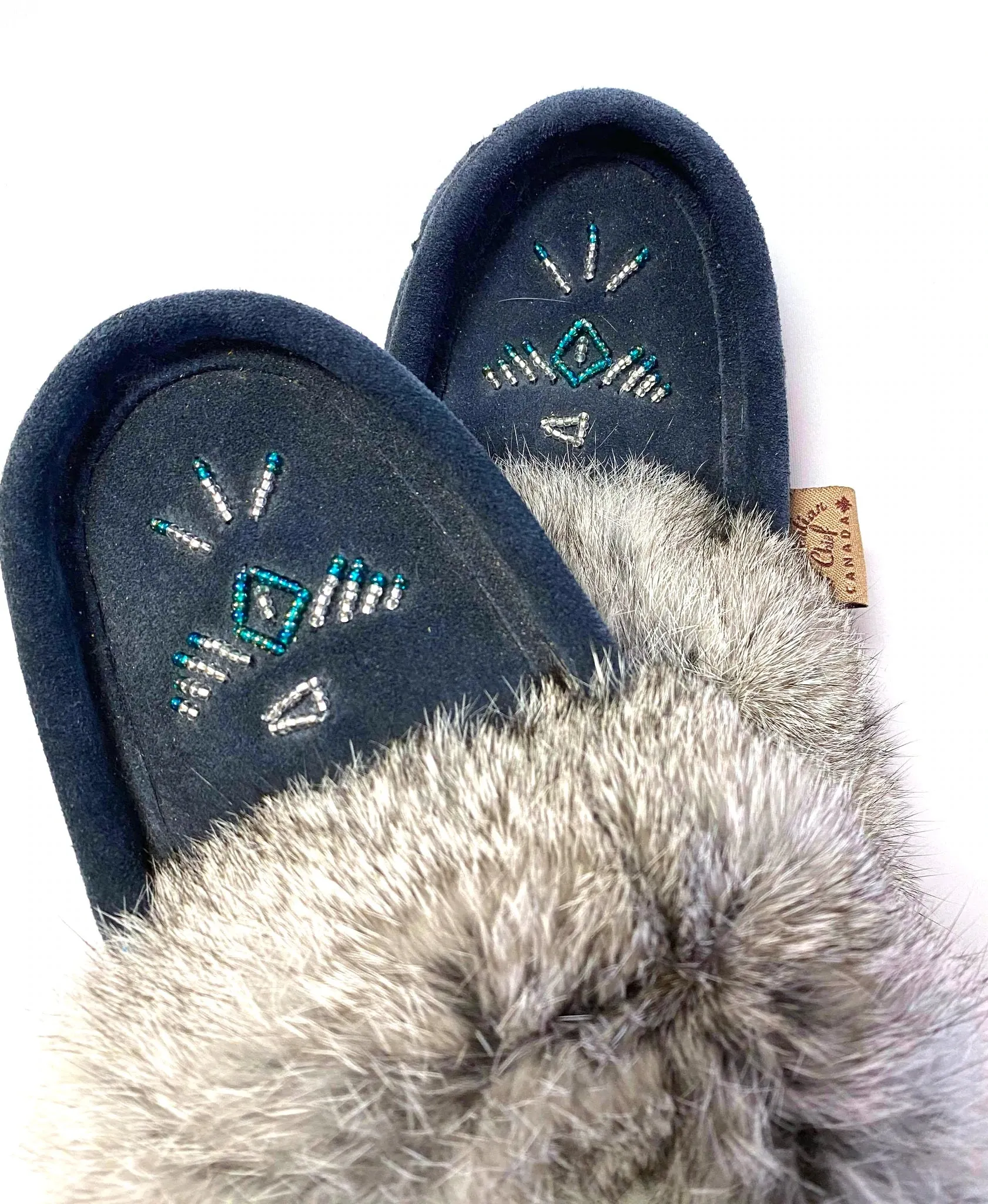 Laurentian Chief Ladies Fur Trimmed Moccasins Thunderbird Beaded Pattern