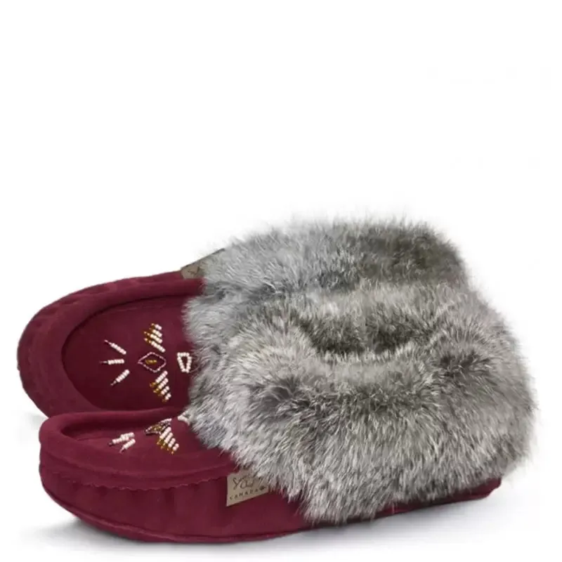 Laurentian Chief Ladies Fur Trimmed Moccasins Thunderbird Beaded Pattern