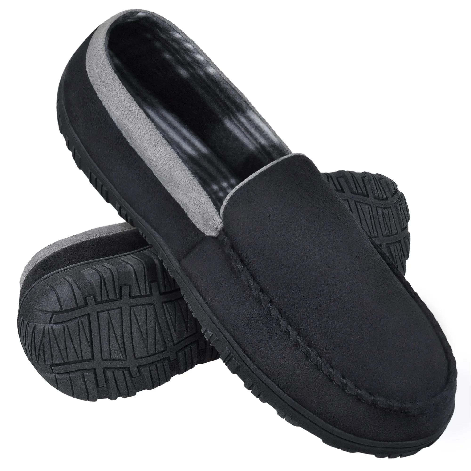 Men's Moccasin Slippers Memory Foam Indoor/Outdoor Warm Suede House Shoes with Slip on Rubber Sole