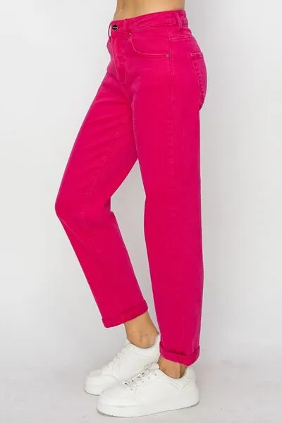 RISEN Hot Pink High Waist Rolled Hem Straight Jeans