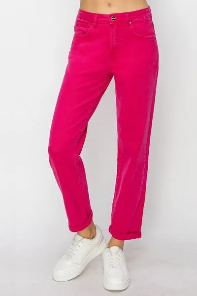 RISEN Hot Pink High Waist Rolled Hem Straight Jeans
