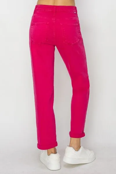 RISEN Hot Pink High Waist Rolled Hem Straight Jeans