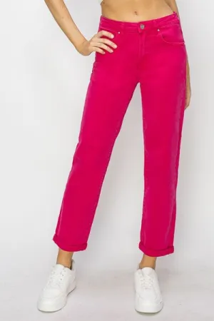 RISEN Hot Pink High Waist Rolled Hem Straight Jeans