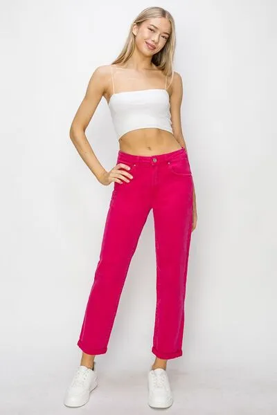 RISEN Hot Pink High Waist Rolled Hem Straight Jeans