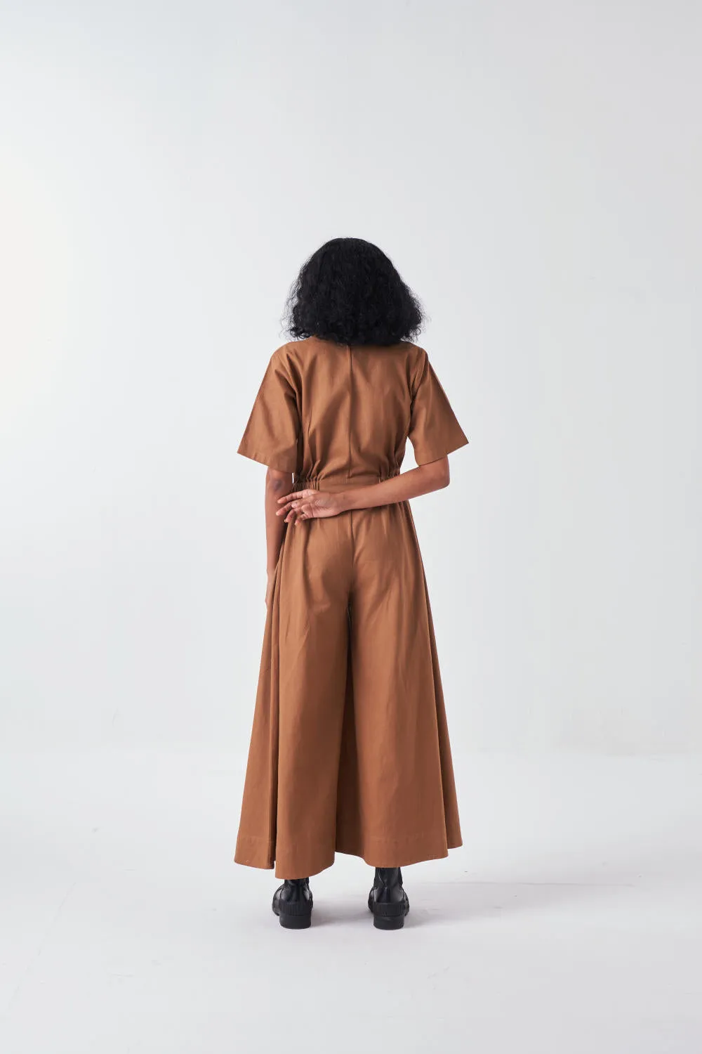 SIDE ELASTIC WAIST JUMPSUIT-SAND