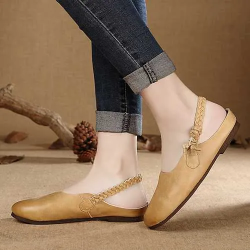SOCOFY Genuine Leather Pure Color Elastic Band Soft Slingback Flat Shoes