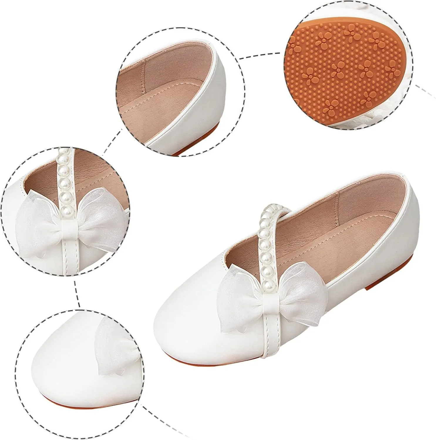 Summer Flower Girl Shoes Girls White Princess Shoes Round Toe Cute Children's Little Girl Bow Pearl Flat Comfortable Sandal with Adjustable Back Strap