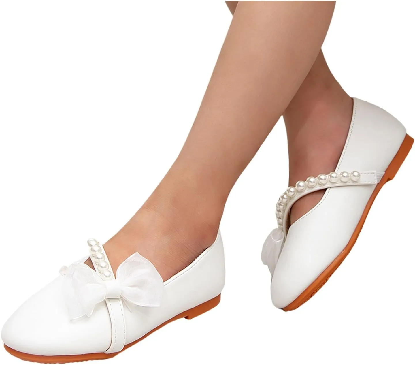 Summer Flower Girl Shoes Girls White Princess Shoes Round Toe Cute Children's Little Girl Bow Pearl Flat Comfortable Sandal with Adjustable Back Strap