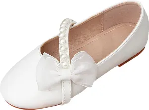 Summer Flower Girl Shoes Girls White Princess Shoes Round Toe Cute Children's Little Girl Bow Pearl Flat Comfortable Sandal with Adjustable Back Strap