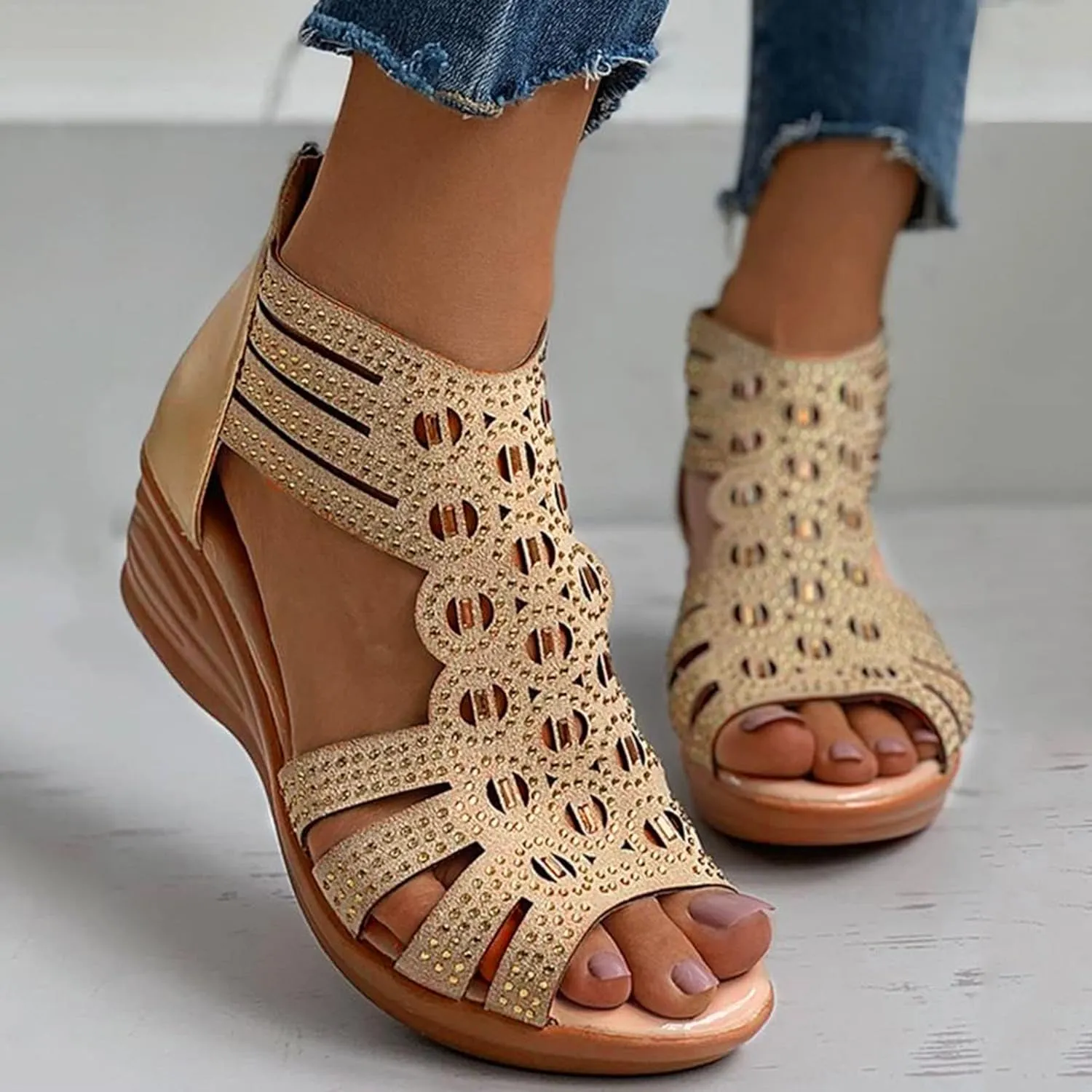 Wedge Sandals for Women Dressy Summer,Women Open Toe Sandal Hollow Out Gladiator Sandals High Top Ankle Zipper Low Heels Sandals Dressy Wedding Party Shoes Platform Sandals