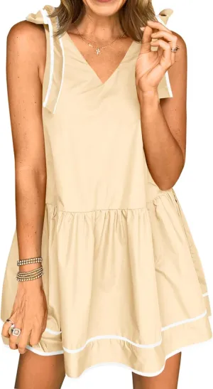 Wenrine Womens Summer V Neck Mini Dress Tie Shoulder Sleeveless Contrast Loose Casual Beach Dresses