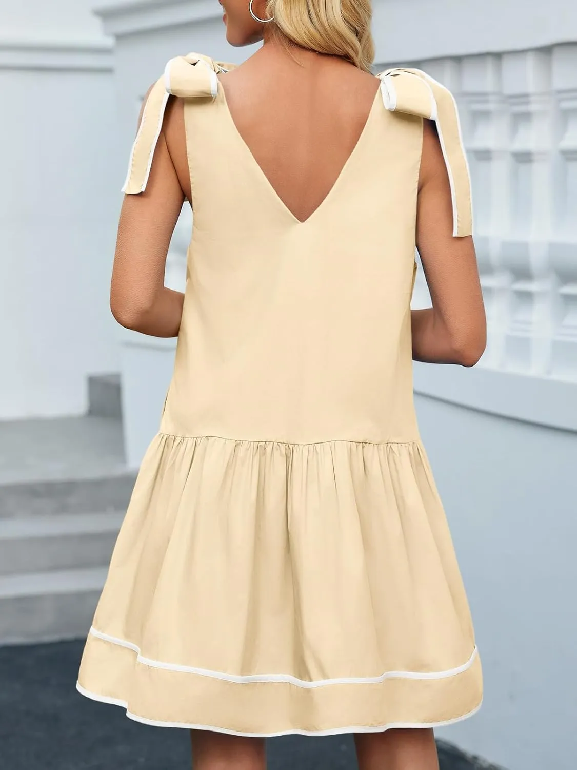Wenrine Womens Summer V Neck Mini Dress Tie Shoulder Sleeveless Contrast Loose Casual Beach Dresses