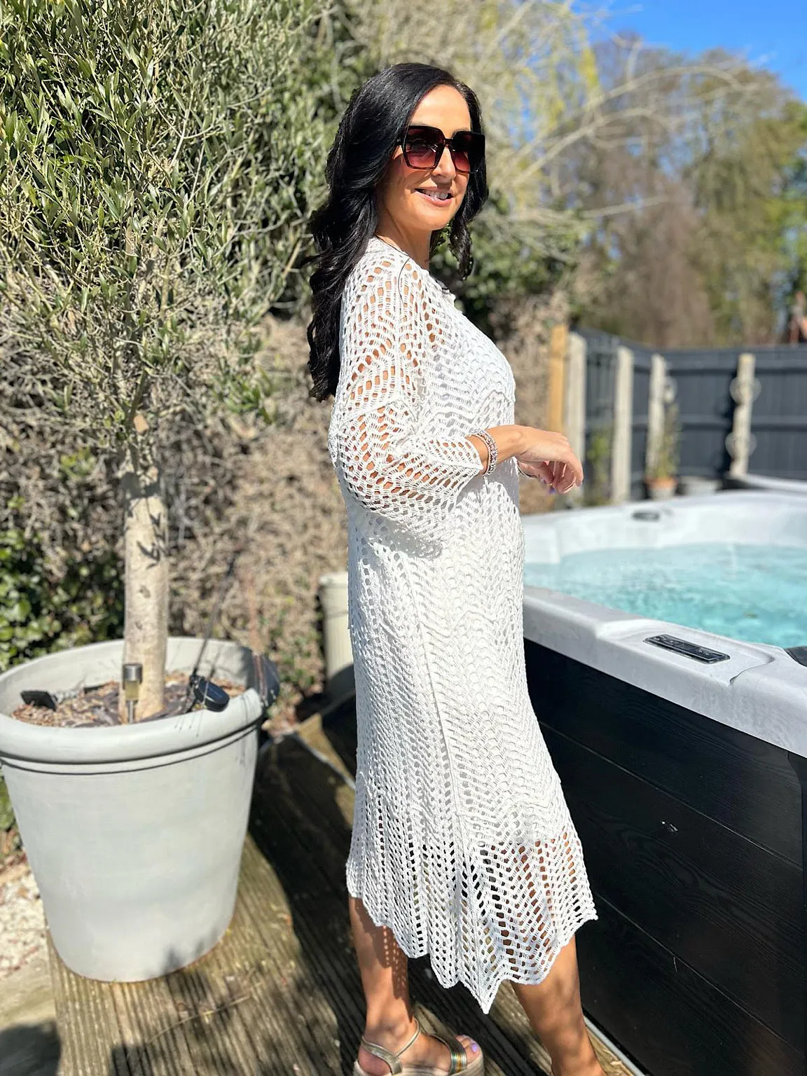 White Loose Knit Collared Dress Olivia