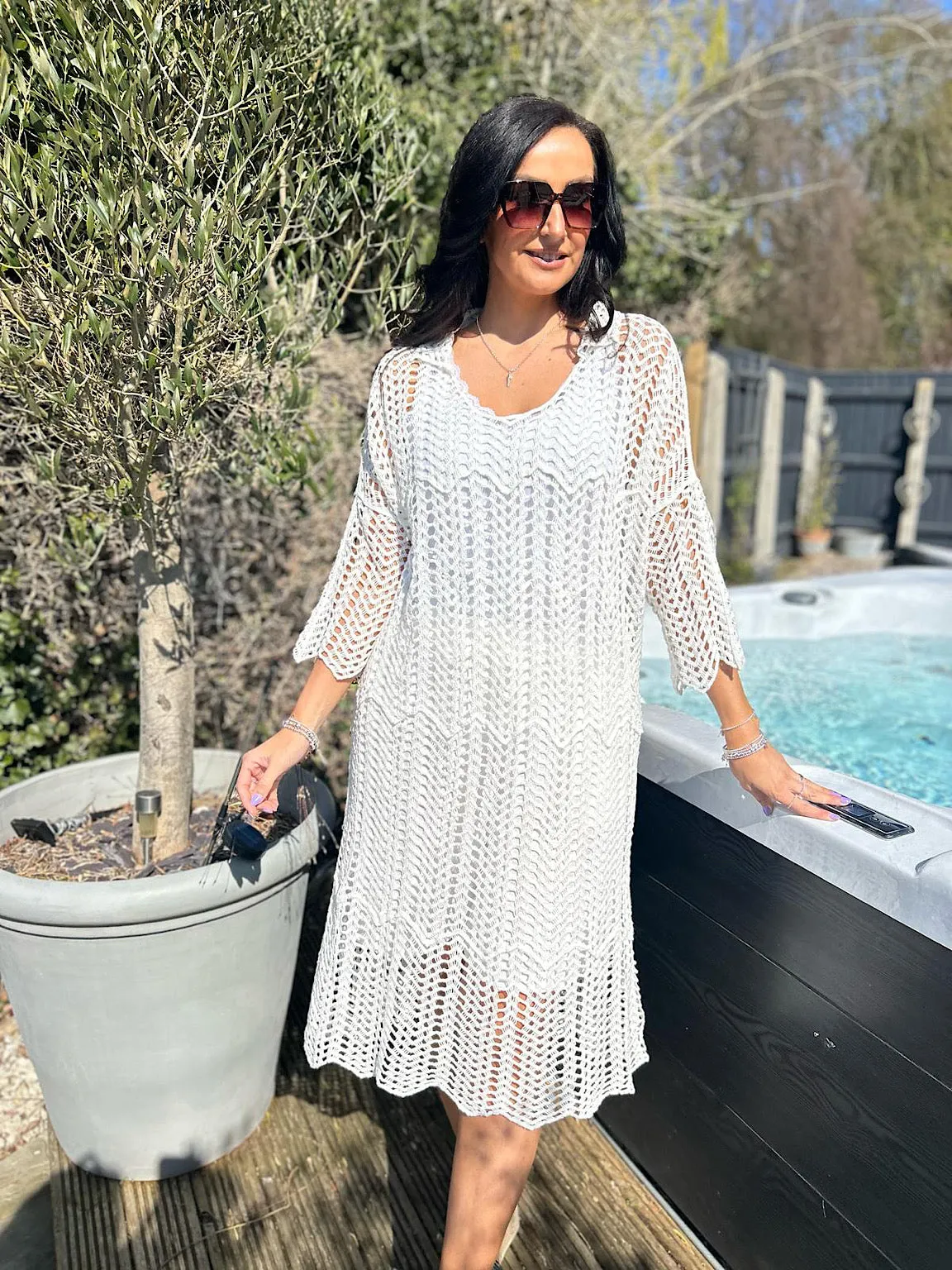 White Loose Knit Collared Dress Olivia