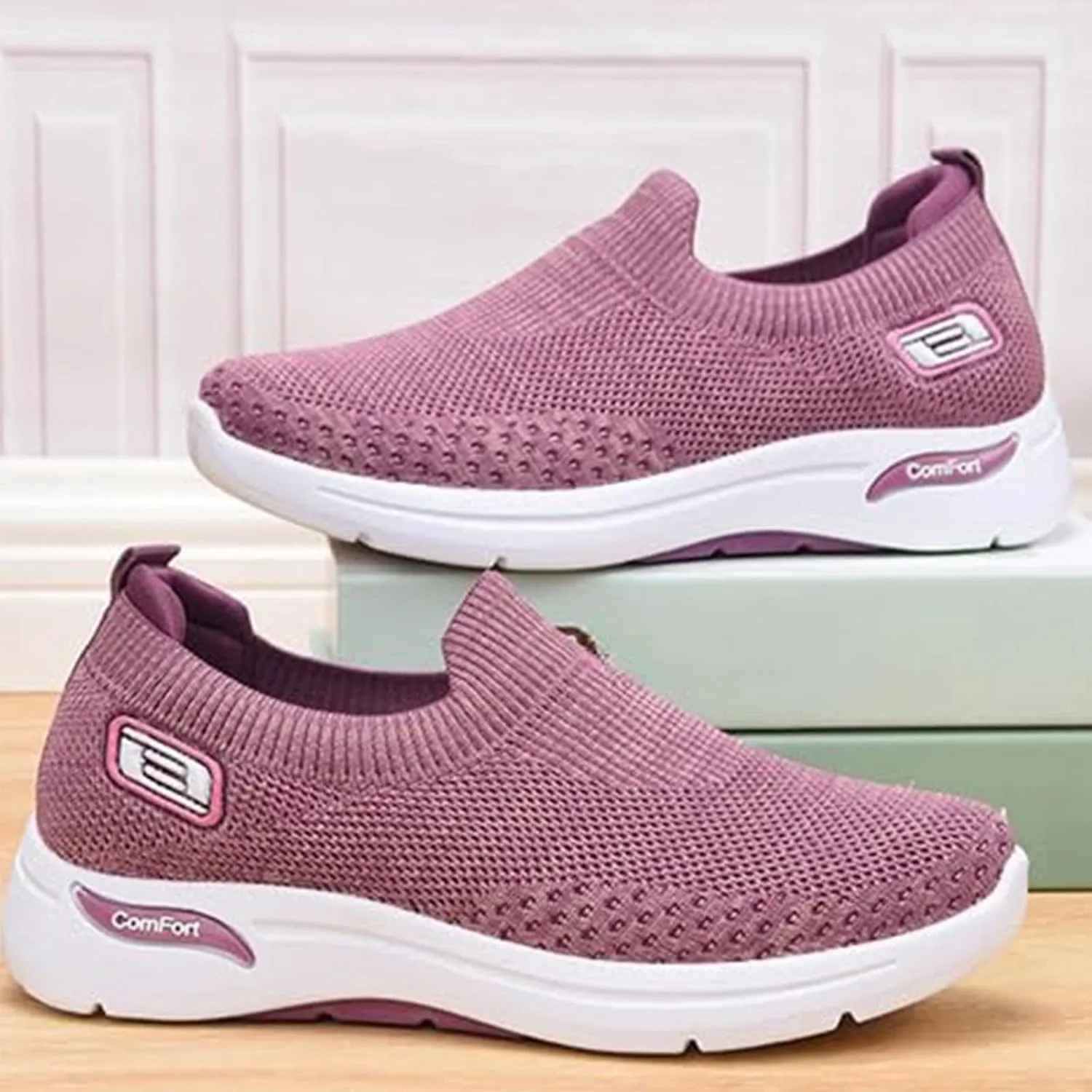 Womens Orthopedic Shoes Breathable Lightweight with Arch Support Sneakers Soft Knitted Slip-On Running Jogging Shoe Casual Comfortable Slip Ins Workout Tennis Shoes Mesh Trainers