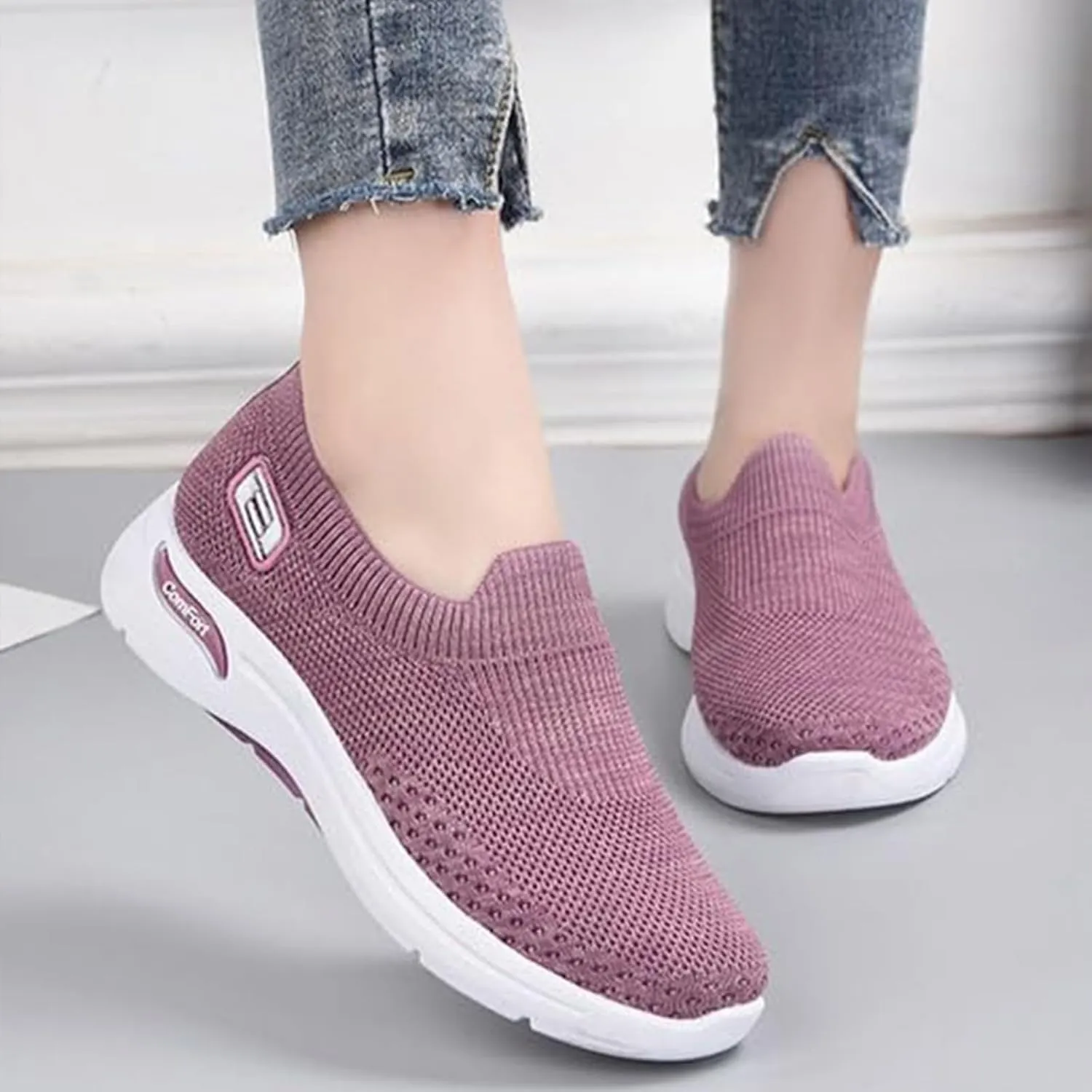 Womens Orthopedic Shoes Breathable Lightweight with Arch Support Sneakers Soft Knitted Slip-On Running Jogging Shoe Casual Comfortable Slip Ins Workout Tennis Shoes Mesh Trainers